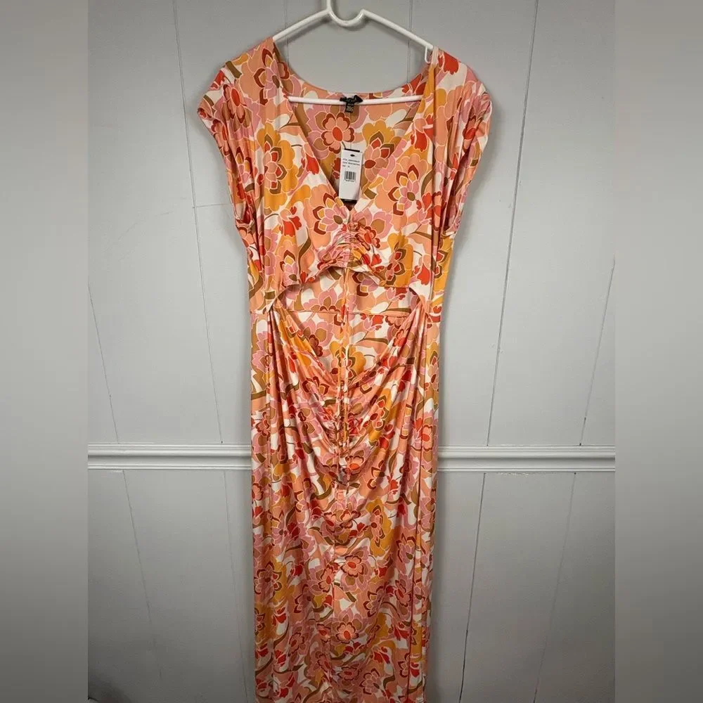 NWT AFRM Anthropologie Lizette Coral Floral Cutout Slinky Maxi Dress 2X Boho